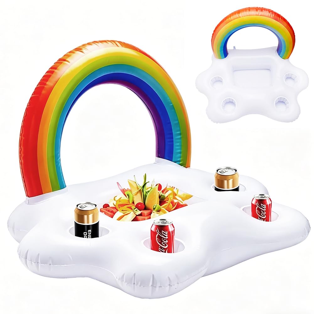 Rainbow Cloud Inflatable Drink Holder, Inflatable Floating Drink Holder for Pool, Accessory for Pool Parties and Entertainment, Hawaiian Tropical Beach Themed Birthday Party (5 Holes)