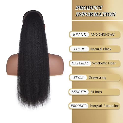Miniatura 2 de MOONSHOW Cola de caballo recta rizada con cordón para mujeres negras, extensión de cola de caballo larga Yaki recta para mujeres negras, color negro