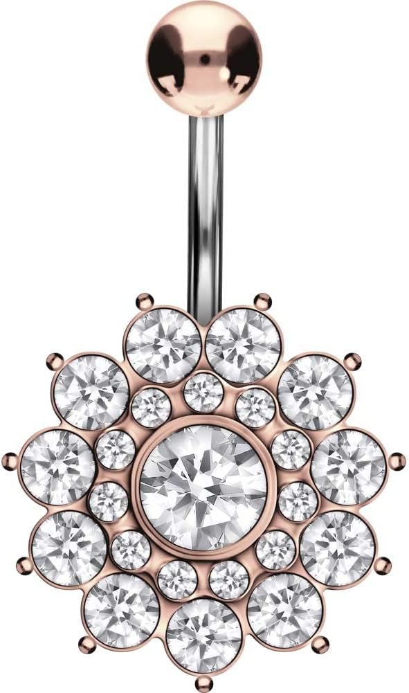 Piercing Nombril Banane Titane Argent - Fleur Moulin Vent Strass 1,6 Mm