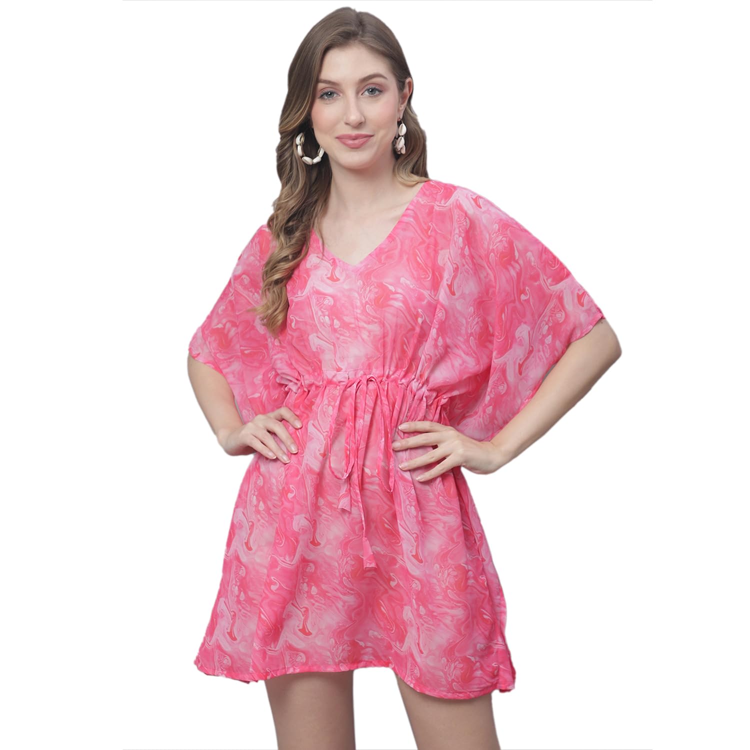 Pink & White Tie and Dye V Neck Swimwear Cover Up kaftan Dress.-image-37