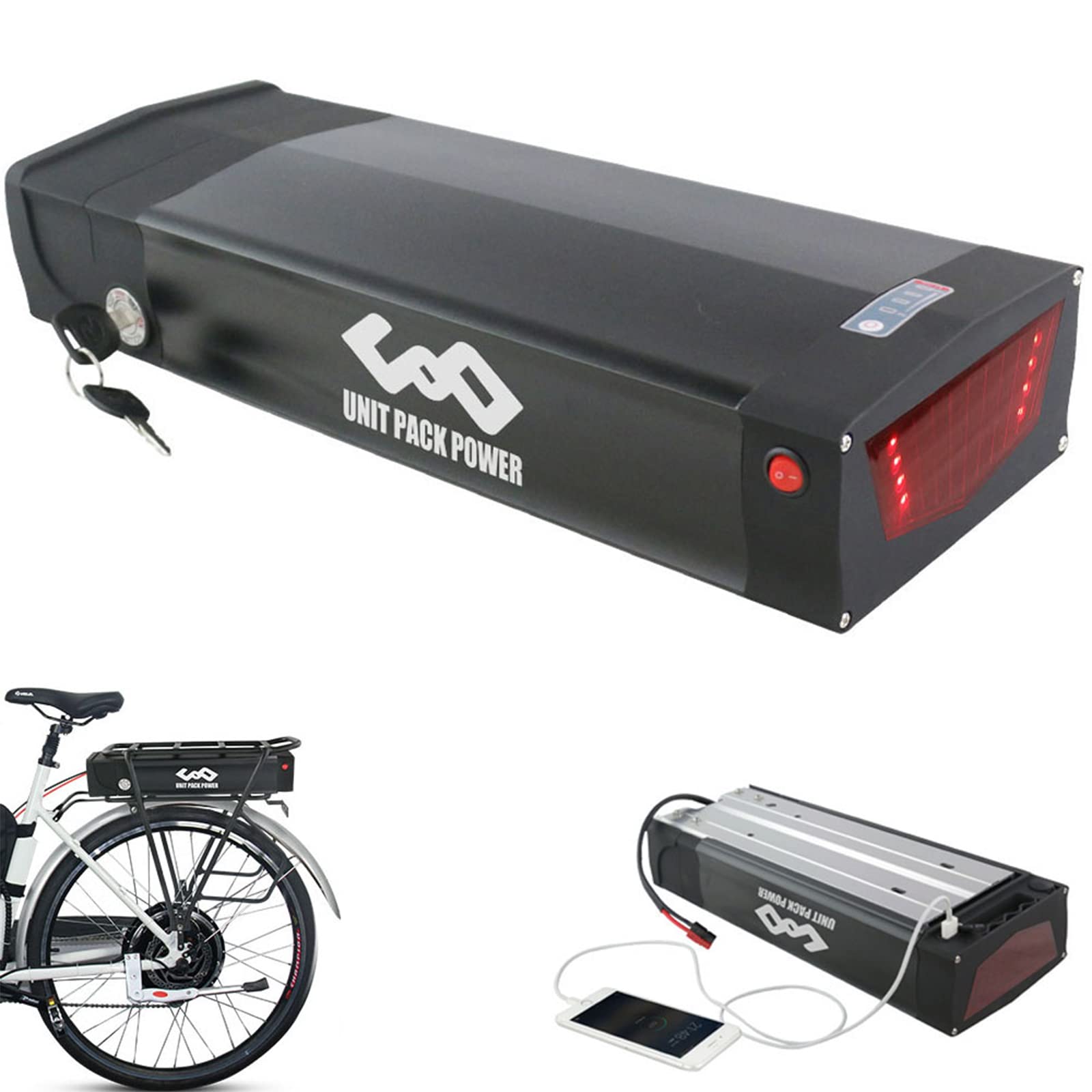 Pedelec Battery 36 V 48 V 52 V E-Bike Battery 250 W/350 W/500 W /750W/1000W /1800W Pannier Rack Ebike Battery with Pannier Rack for 24/26/28 Inch V-Brake Rear Wheel Bike Mifa, Aldi, Prophete, Rex