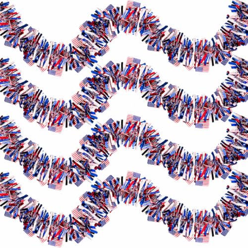 Image of Pack of 4 | 6.6 ft American Flags Tinsel Garland | Red White Blue Metallic Foil Fringe Banners Streamers for 4th of July, Memorial Day, Veterans Day, Independence Day, Parades, Patriotic Decorations