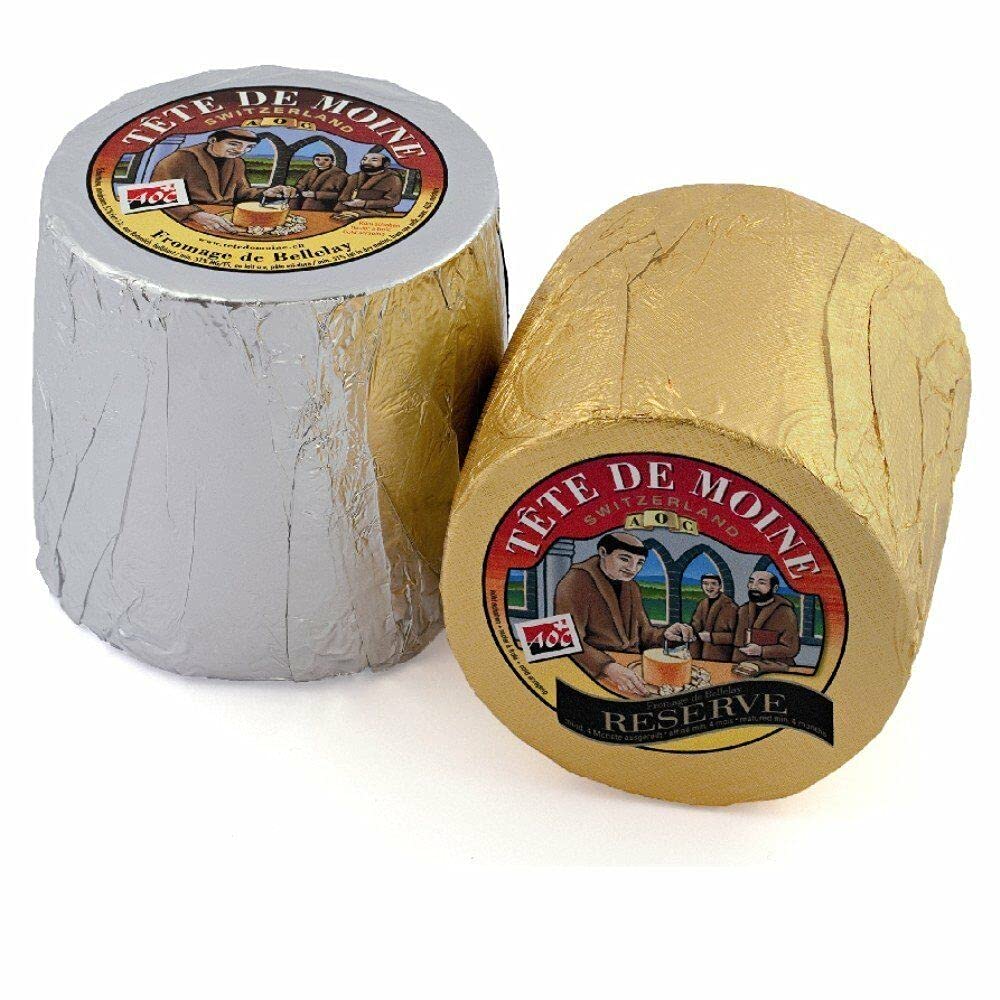 Tete de Moine Classic und Reserve AOP Lot de 2 tranches de fromage à tête de moine 1600 g pour râpe à fromage Girolle avec boîte en polystyrène et accumulateur de froid spécial expédition alimentaire