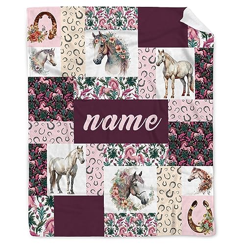 BUYYET Horse Print Checkered Custom Fleece Flannel Blanket Horse Blanket for Girls Women Horse Lovers Gift Beautiful Horse Decor Cute Farm Animal Floral Blanket for Couch Bed 60''x 80'' for Adult