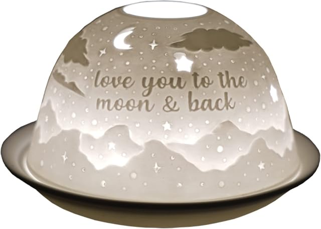 Cello Porcelain Tealight Holder Dome, To The Moon And Back Design, A stunning candle holder projecting a 3D image or loving message. Suitable to be used with scented and unscented tealights.