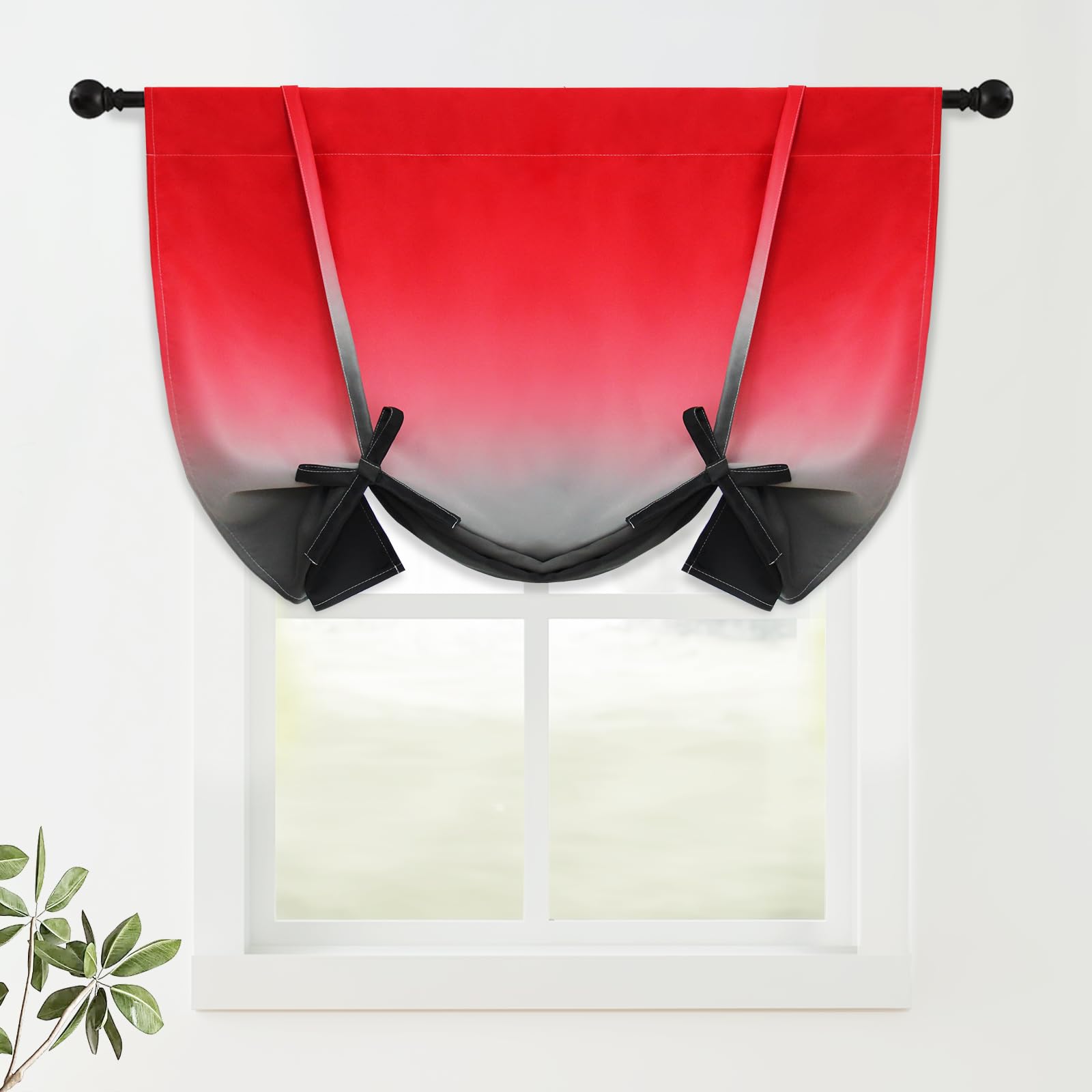COSVIYA 100% Blackout Red and Black Adjustable Tie Up Curtains for Kitchen Thermal Insulated Room Darkening Valance Rod Pocket Balloon Roman Shade for Small Window,48" L x 34" W, 1 Panel