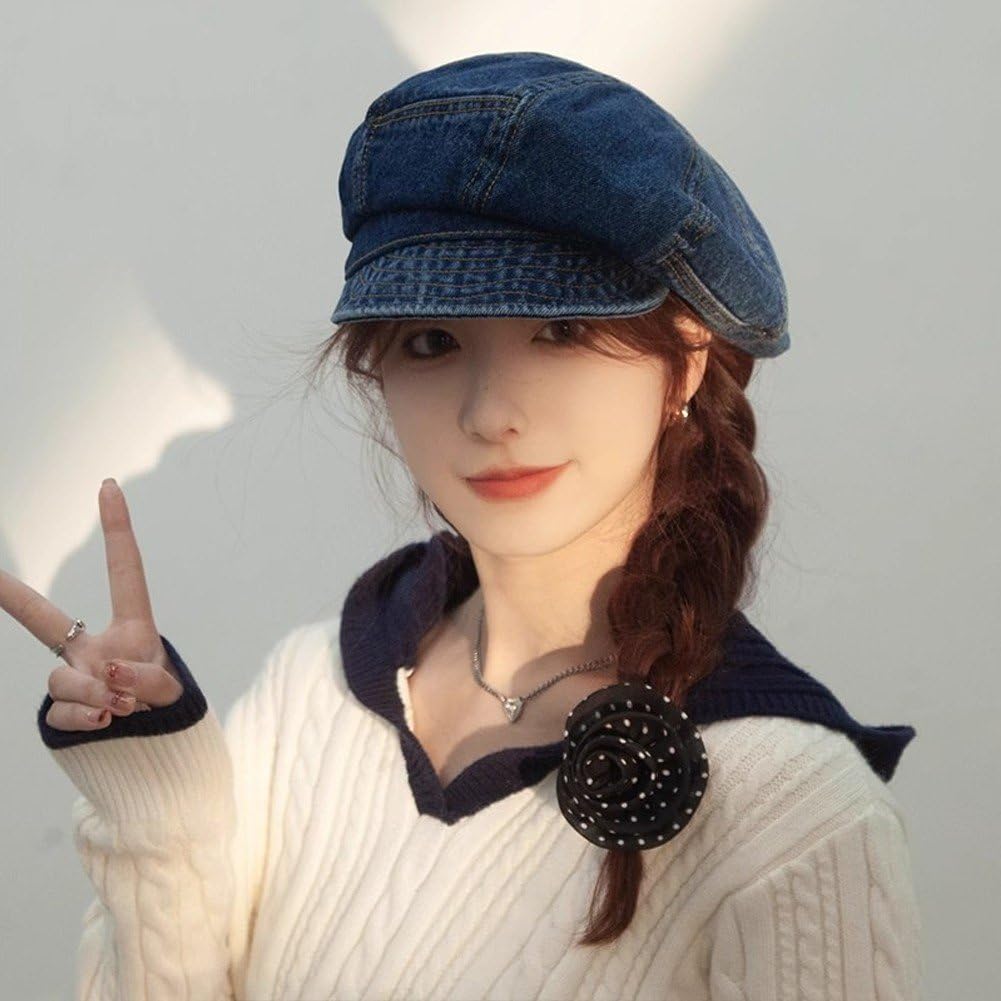 Literary Octagonal Hat Summer Beret Cap Vintage Denim Hat French