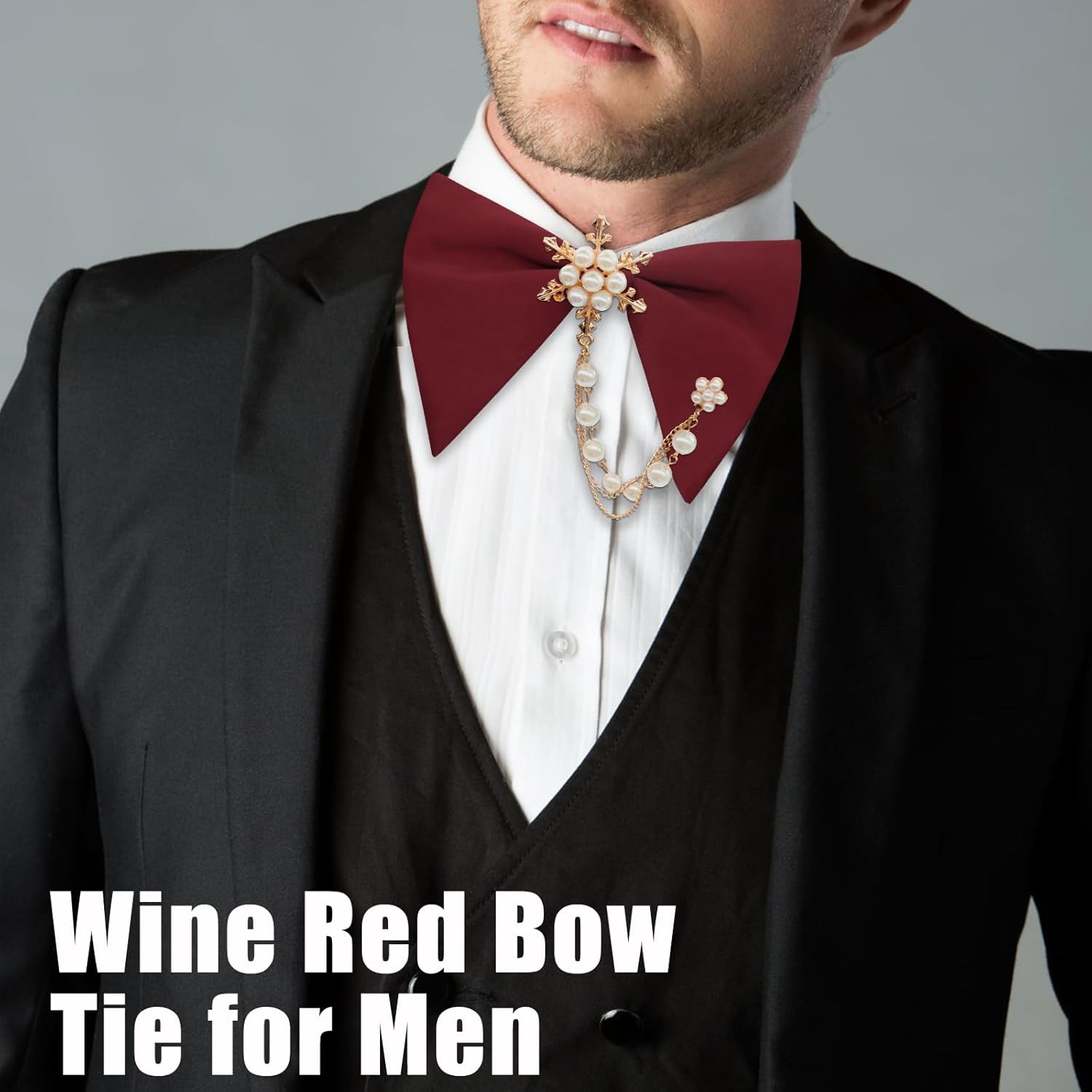 Mantieqingway Oversized Bow Ties for Men, Adjustable Pre-tied Bow Tie with Pearl Decoration Tuxedo Bowties For Wedding Party - Image 2