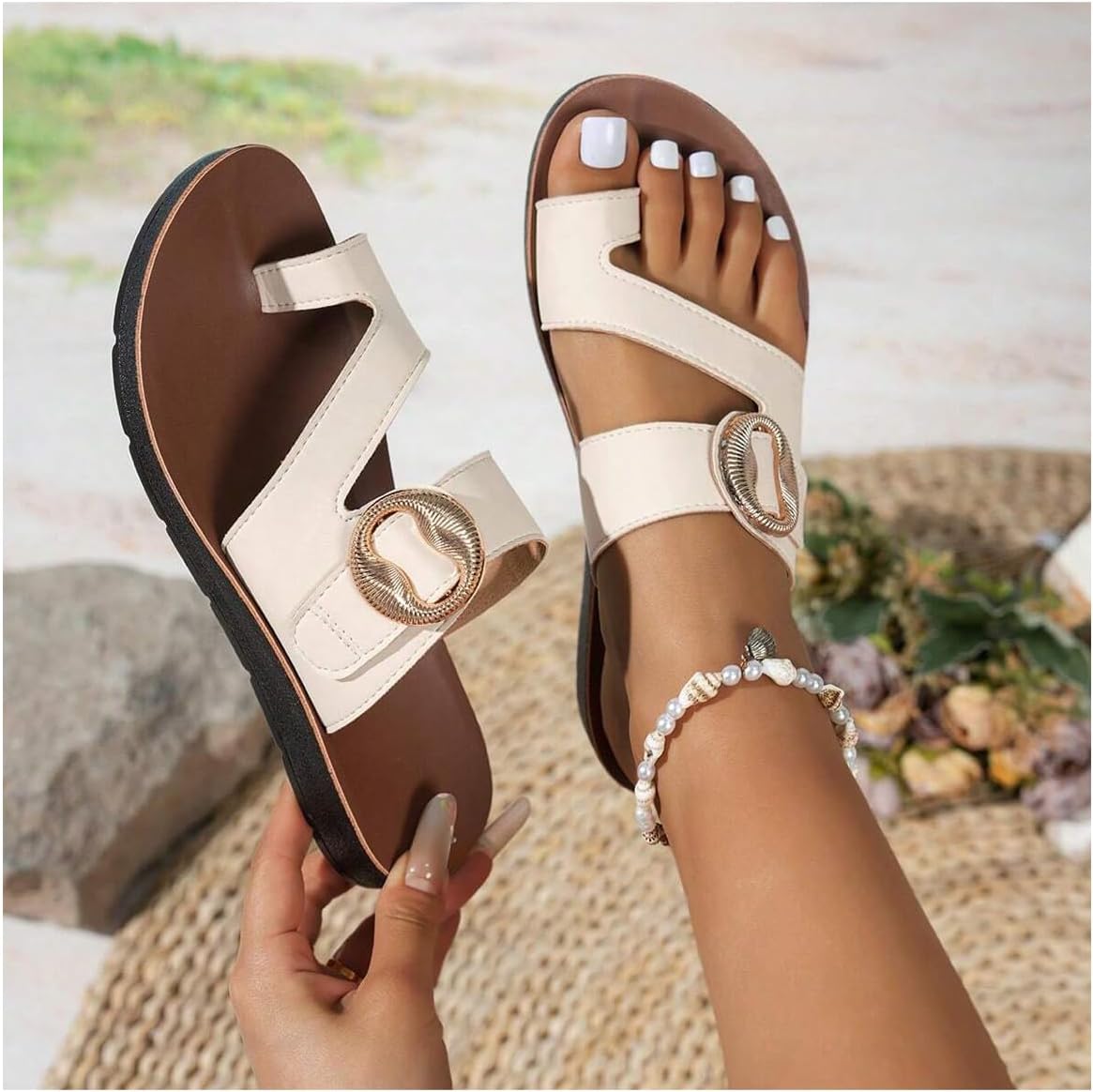 GORGLITTER Women's Dressy Toe Ring Sandals Metal Cut Out Open Toe Summer Flat Slides Shoes - Image 5