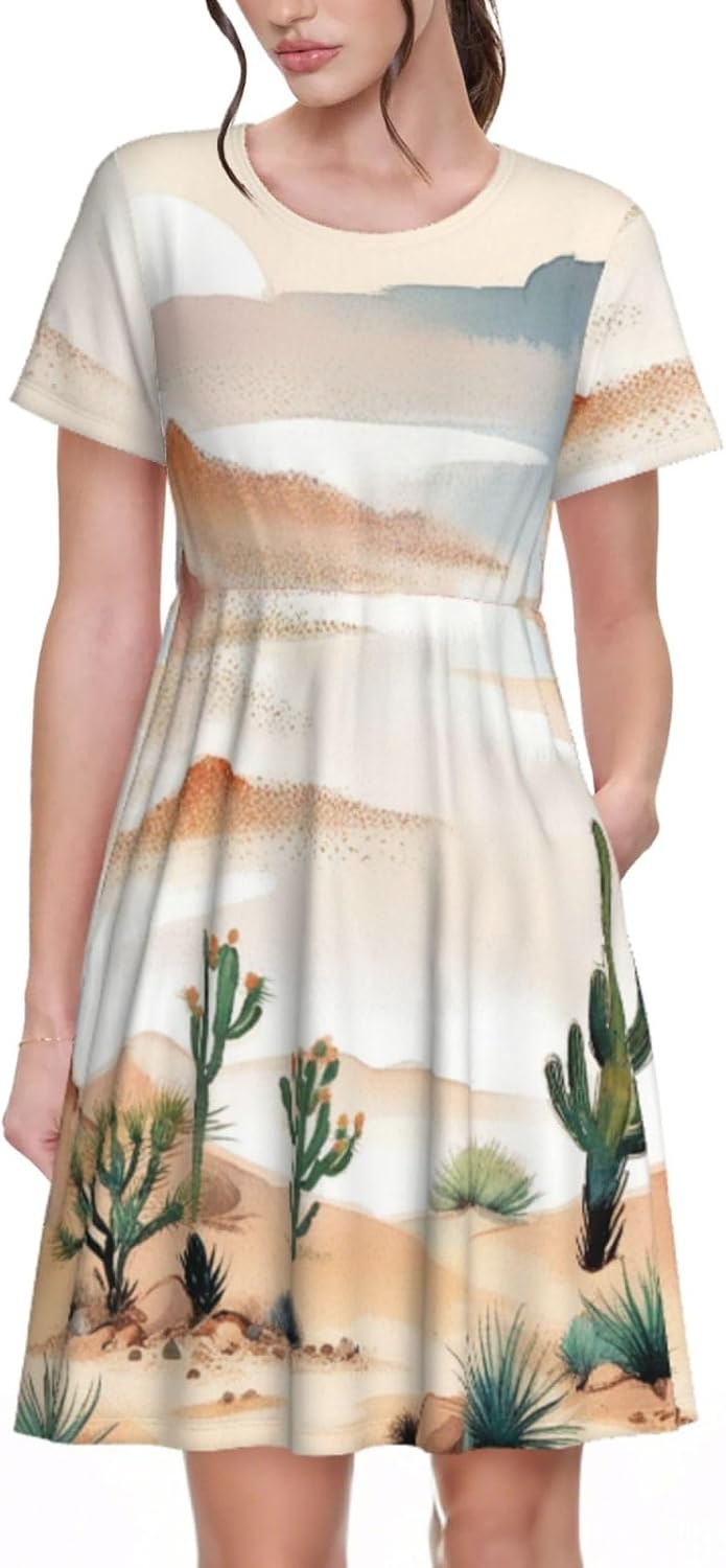 Women's Summer Dress Casual Short Sleeve Dress High Waist Knee Length Dress