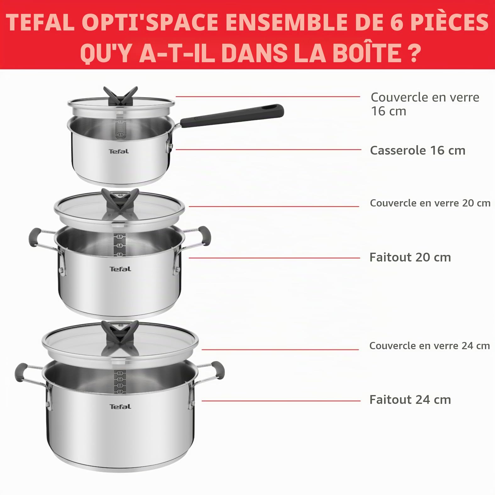 Tefal G7376S Opti'Space Set de Casseroles 16/20/24 cm | Acier Inoxydable | Fond Thermofusion | Pour Tous Feux | Induction | Gris