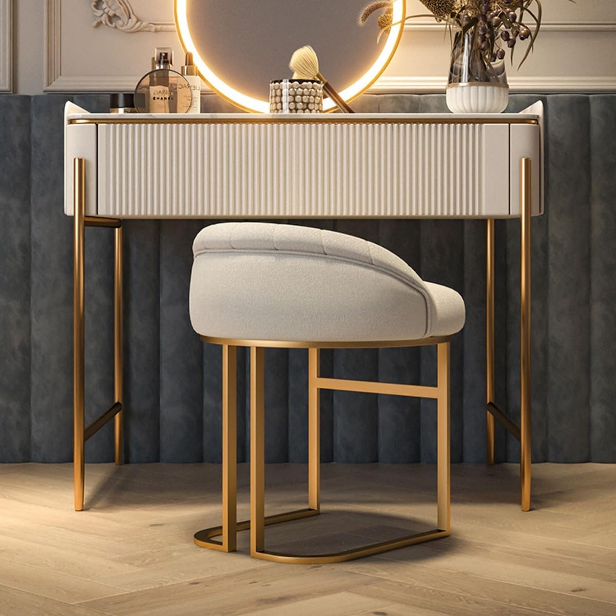 Amazon.com: Modern Vanity Chair Stool with Gold Legs,Low Back Makeup Chair  Round Padded Seat,Dining Chair Bedroom Dressing Stool for Ladies (Color :  Orange+Plaid) : Home & Kitchen
