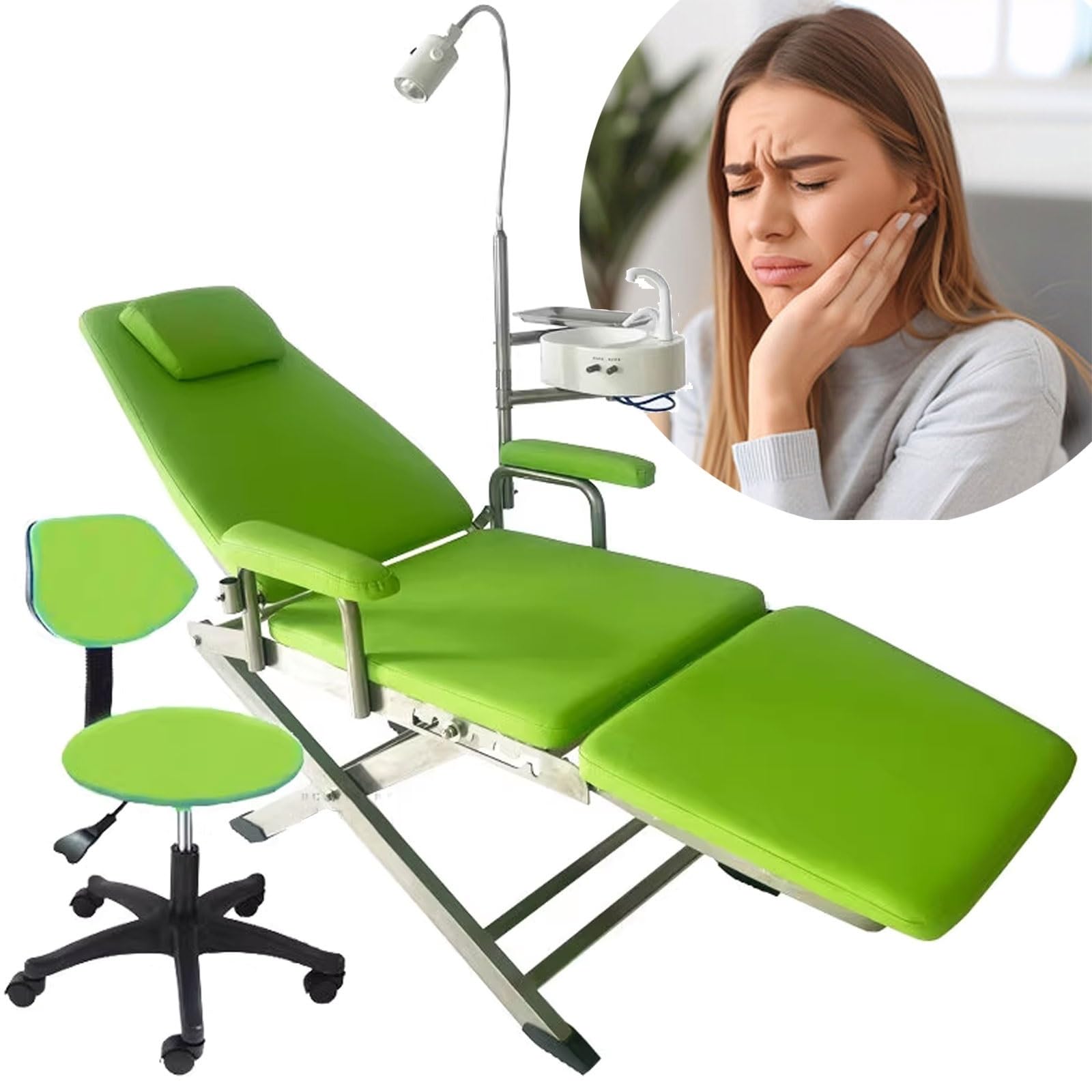 Unità Dentale Poltrone Odontoiatriche Portatili Con Vassoio per Strumenti Con Telaio in Acciaio Inossidabile E Luce, Sputacchiera per Ospedali E Cliniche(Green)