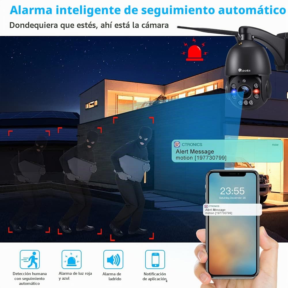 Ctronics [5MP 30X Zoom Óptico Camara Vigilancia WiFi Exterior 5/2.4Ghz, 360° PTZ IP Cámara Domicilio, 150M Visión Nocturna con Auto Crucero/Seguimiento/Zoom, Bluetooth/Cloud/PC, Metal, IP66