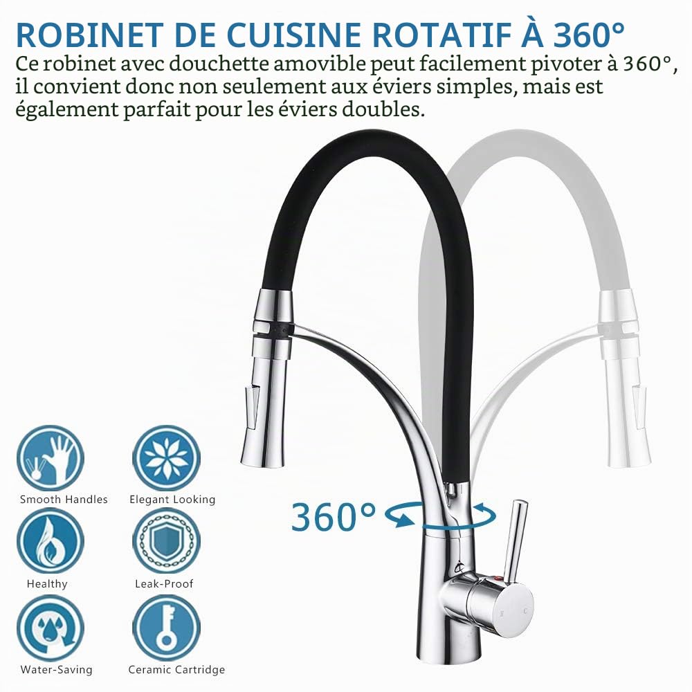 Robinet de cuisine, robinet de cuisine rotatif à 360° avec double douchette extractible, tuyau souple en silicone noir, mitigeur d'évier, mitigeur d'évier, laiton chromé