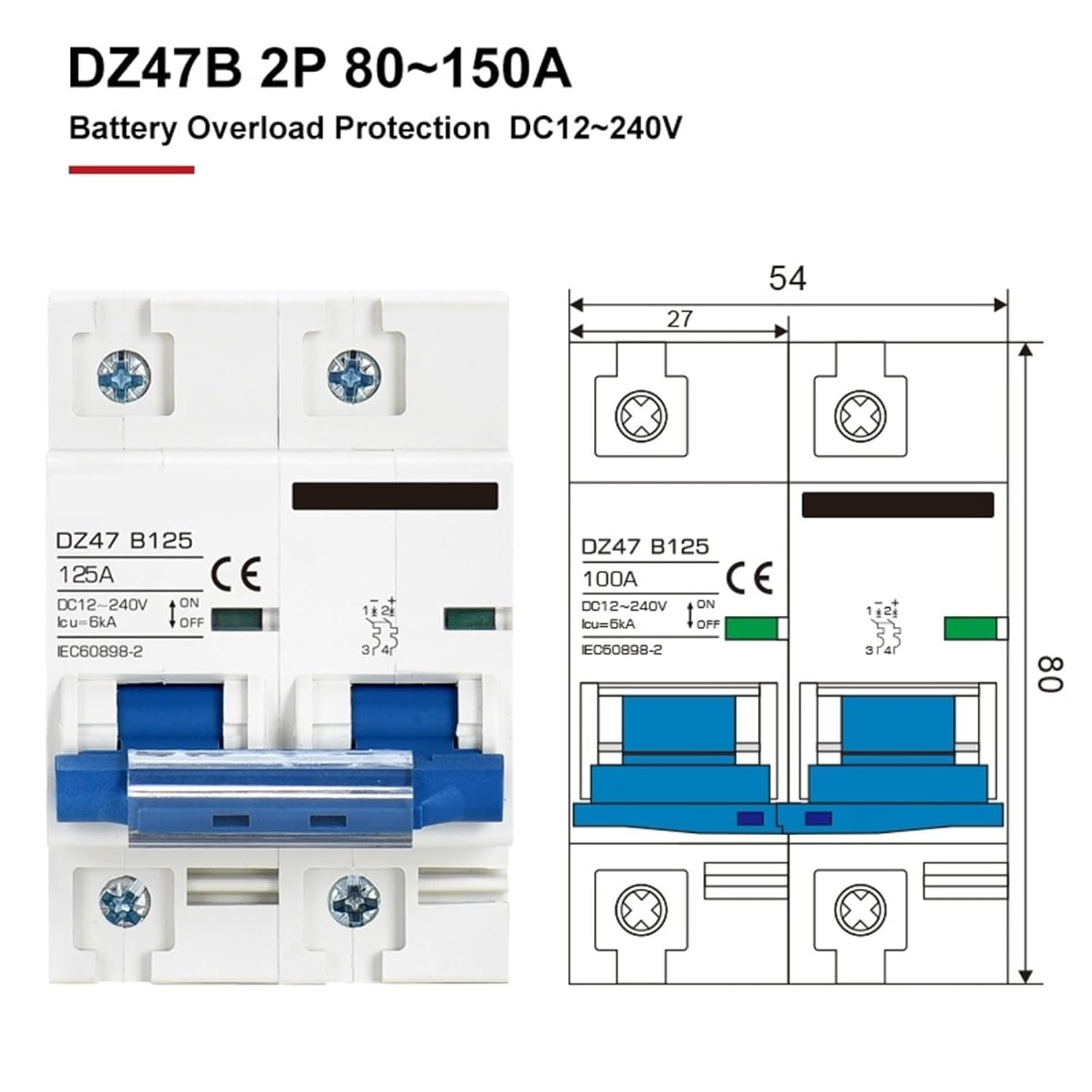 DZ47B Miniature Circuit Breaker DC 12V 24V 36V 48V DC MCB Battery Car Protector 6A-150A Air Switch Din Rail Mount(2P-2P Dual Power,16A)
