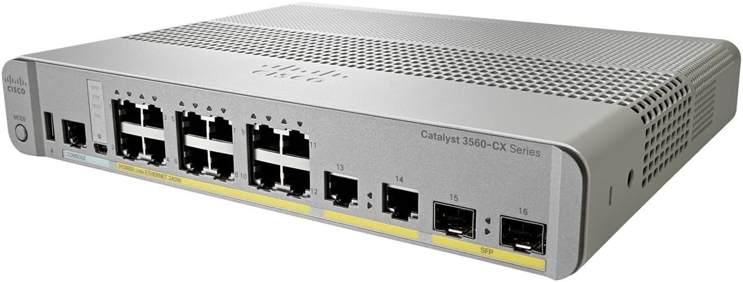 Cisco Catalyst 3560CX-12PC-S Network Switch, 12 Gigabit Ethernet (GbE) Ports, 8 PoE+ Outputs, 240W PoE Budget, 2 1G SFP and 2 1G Copper Uplinks, Enhanced Limited (WS-C3560CX-12PC-S), Gray