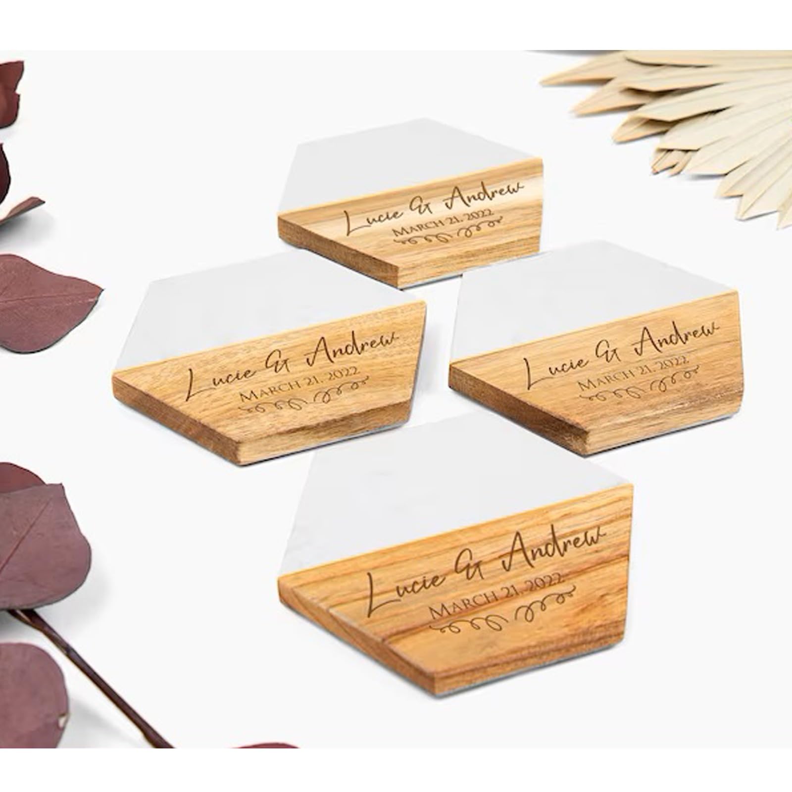 Posavasos hexagonales de madera personalizados, recuerdos de boda para invitados, posavasos de madera de mármol grabados con nombre, regalos de boda, regalos para parejas, regalos personalizados (6