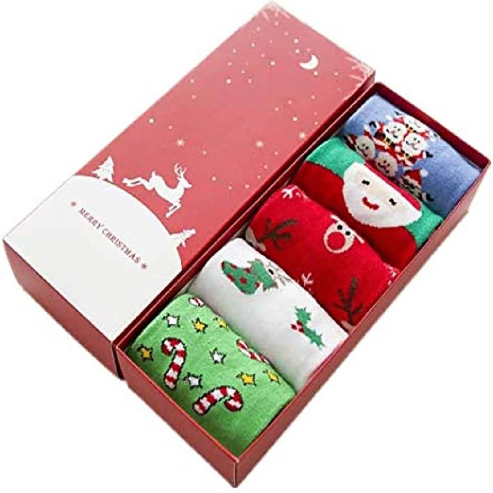 Christmas Socks Gift Box Cartoon Cotton Lady 5 Pairs Middle Barrel Socks, Funny Cute Holiday socks, Novelty Xmas Crew Socks, Christmas Gifts