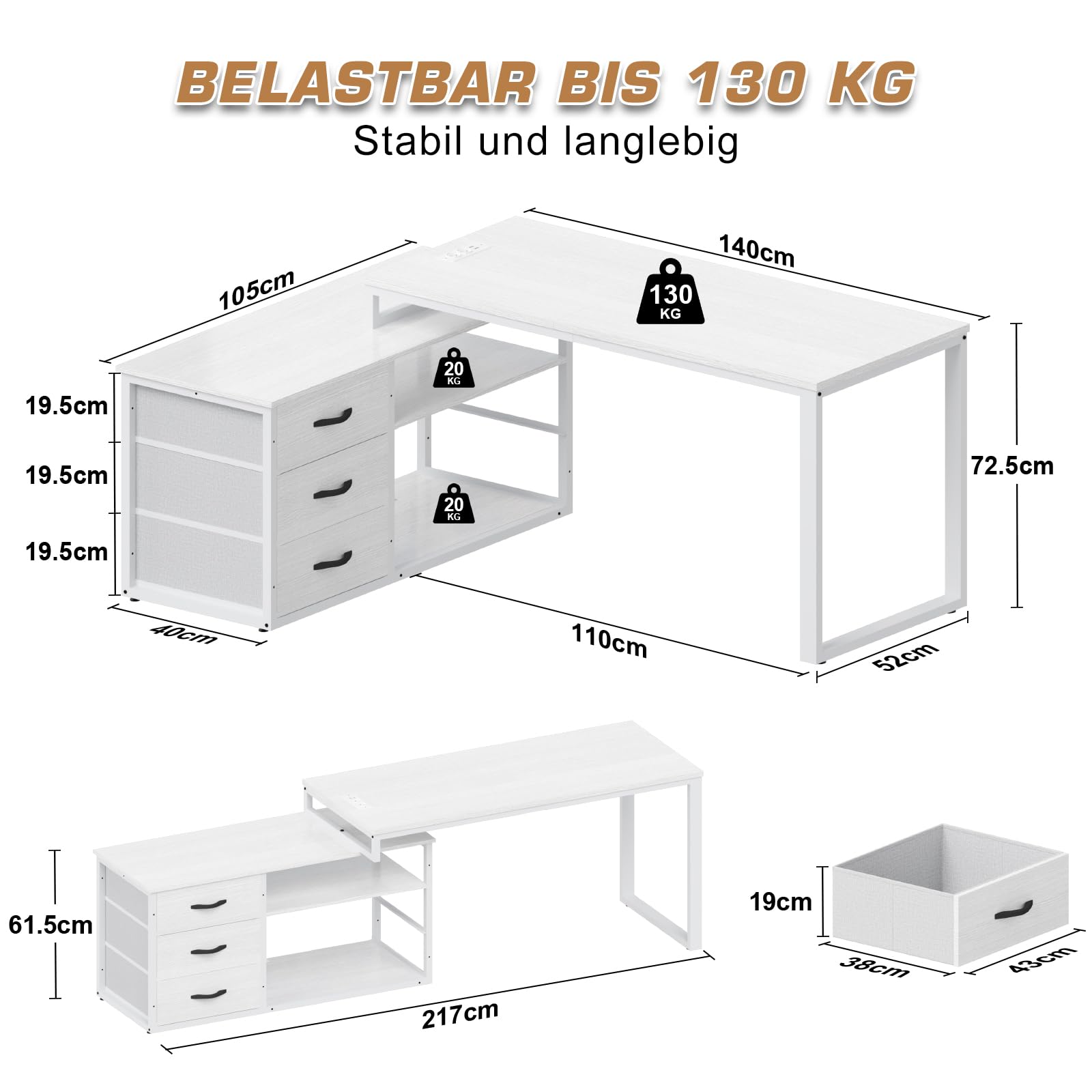 TRIUMPHKEY Schreibtisch l Form mit 3 Schubladen&Stauraum, 140 x 105 x 75 cm Reversible Eckschreibtisch, L-förmiger Schreibtisch mit 2 USB-Ladeanschlüssen und 2 Steckdosen, Weiß