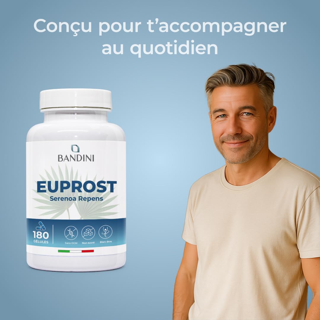 Bandini® Euprost Serenoa Repens 180 gélules | Palmier nain (Saw Palmetto), Graines de Courge, Ortie, Zinc, Vitamine D3 & B6 | Confort Urinaire hommes | Extrait 20:1 standardisé à 30% en acides gras