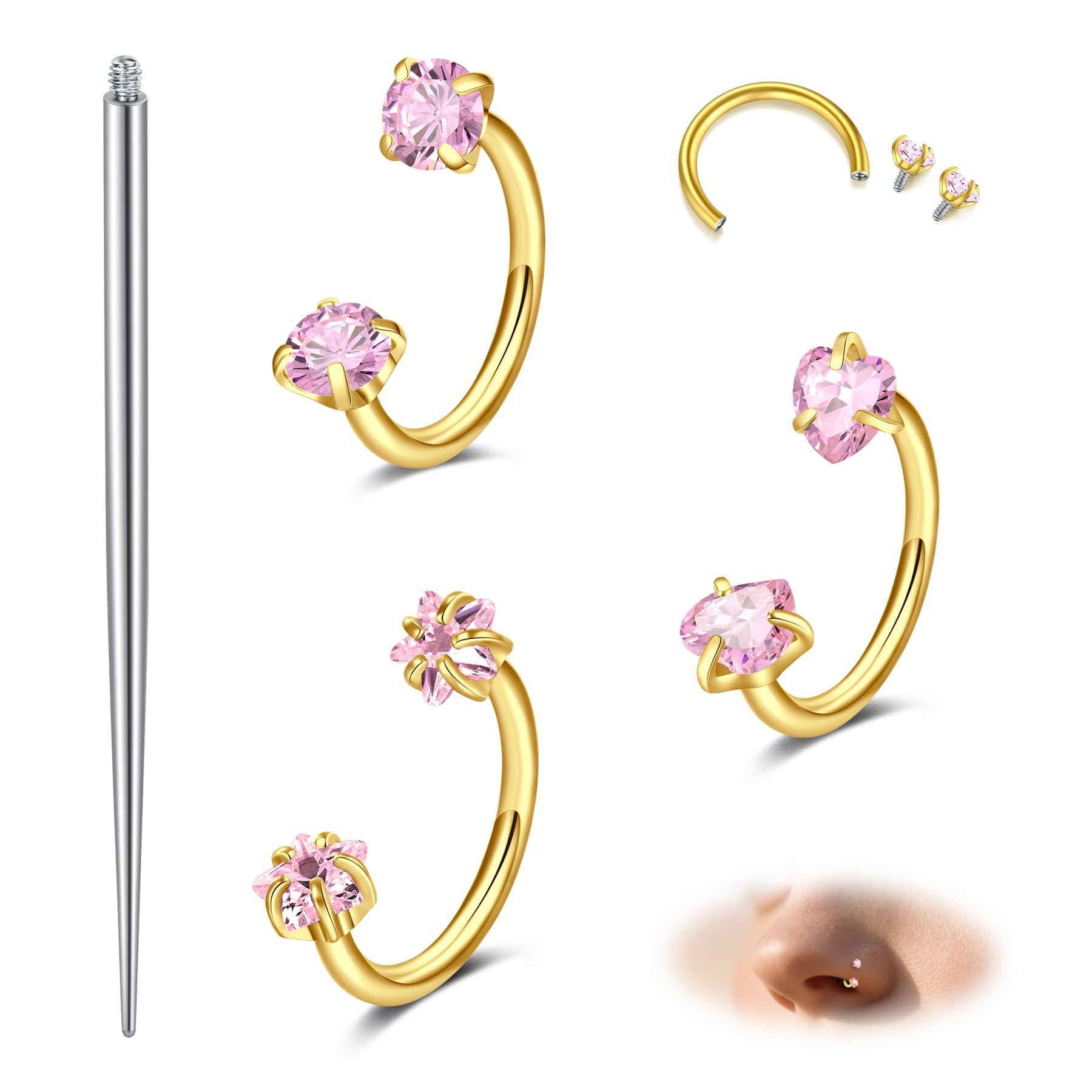 MODRSA Neuspiercing hoefijzer septum 18G chirurgisch staal roségoud met roze hart van zirkonia voor dames 8 mm, Roestvrij staal MODRSA Neuspiercing hoefijzer septum 18G chirurgisch staal roségoud met roze hart van zirkonia voor dames 8 mm, Roestvrij staal