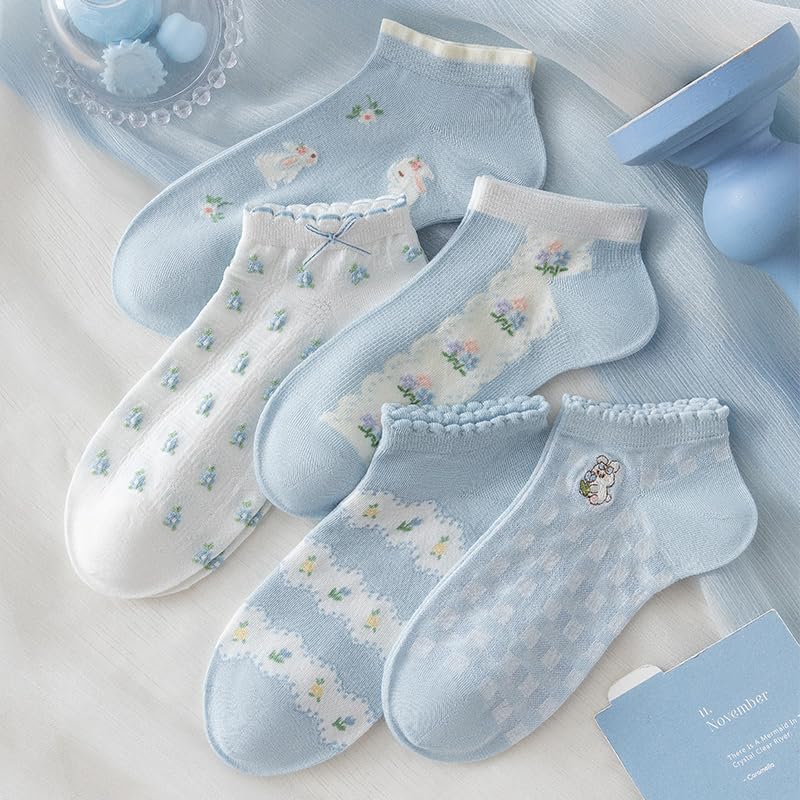 Image of Cute Socks For Women Bule Funny Cartoon Bunny Frilly Crew Girls Ruffle Socks