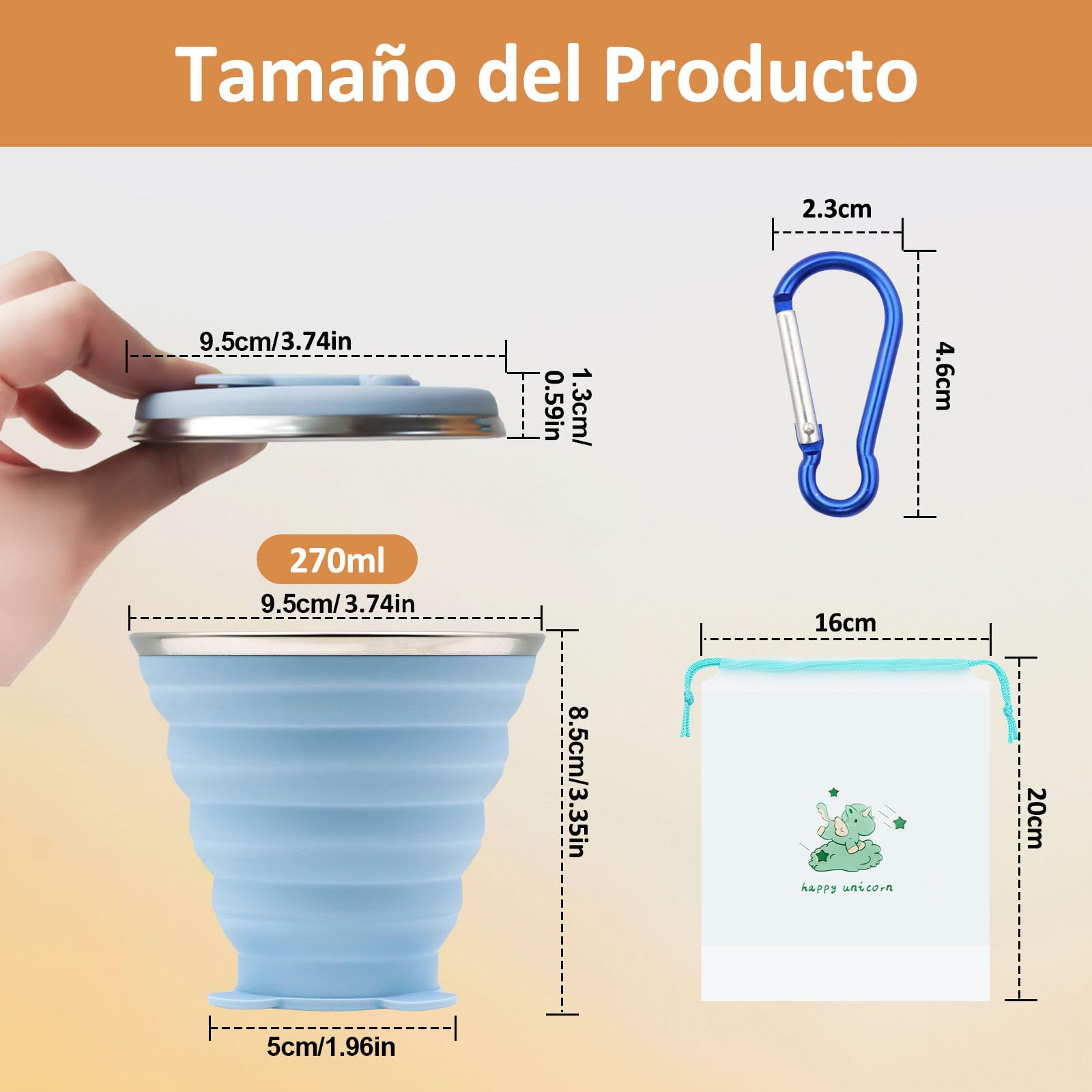 ZOCONE 2 Piezas Vaso Plegable Silicona con Tapa Reutilizable Taza Plegable Copa Silicona con Mosquetón y Bolsa Extensible Vaso de Viaje 270ml para Viaje Camping