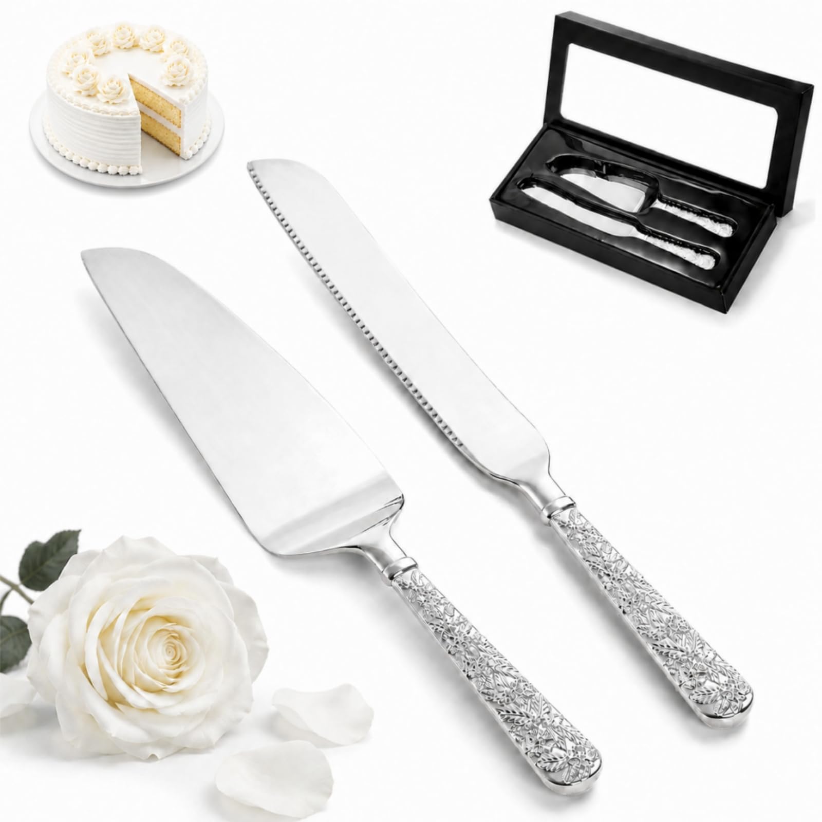 Dicunoy Juego de 2 cuchillos y servidor para tartas de boda, juego de corte de pastel plateado, cortador de pastel grabado vintage y elegante espátula para servir para cumpleaños, fiesta, aniversario
