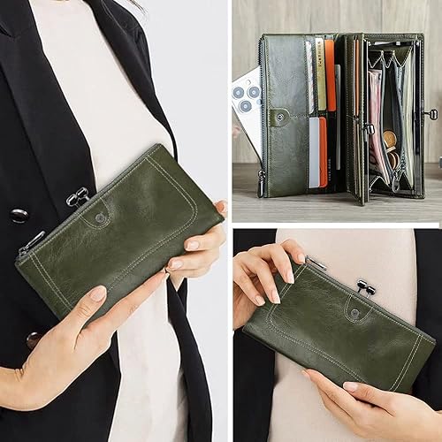 Miniatura 2 de Contacts Kiss Lock Cartera de cuero con cierre de beso Bifold Rfid Carteras Tarjetero Teléfono Embrague, Verde, Vintage