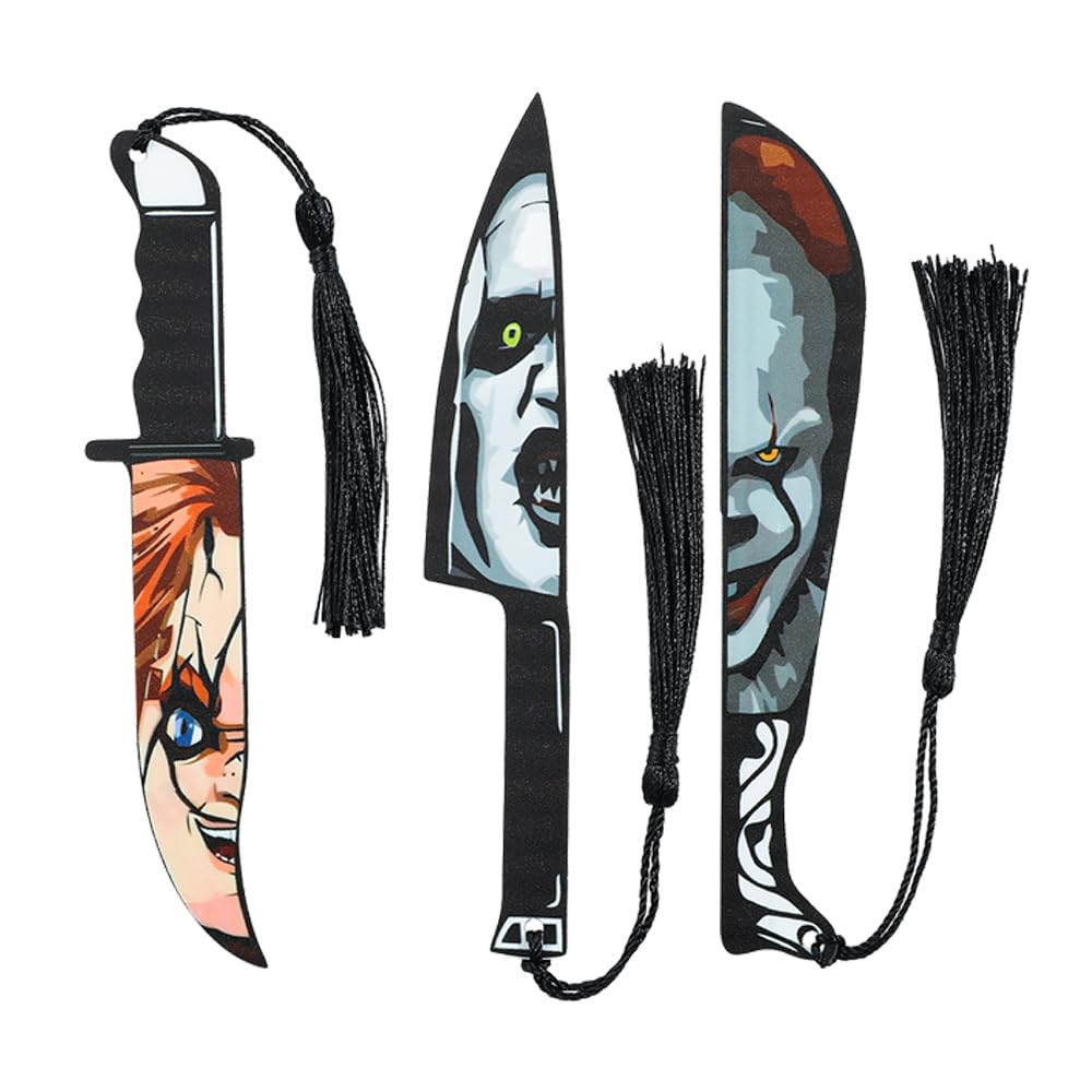 3Pcs Horror Movie Series Bookmarks, Featured Characters Halloween Themed Dagger Acrylic Bookmarks for Book Fans, Writers, Scholars, Bookworms, Friends (3Pcs Joker the Knife)