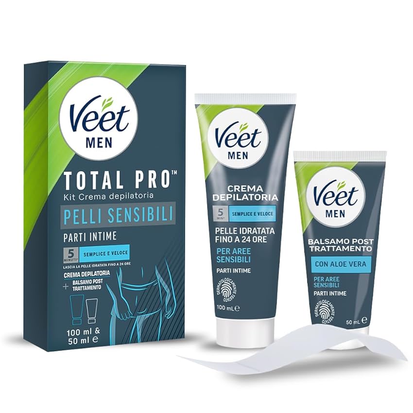 Veet Men Kit Depilazione Intima per Pelli Sensibili, Crema Depilatoria Uomo Parti Intime, Dermatologicamente Testata, Efficace Dopo 5 minuti, Crema Depilatoria 100 ml e Balsamo Post Depilazione 50 ml