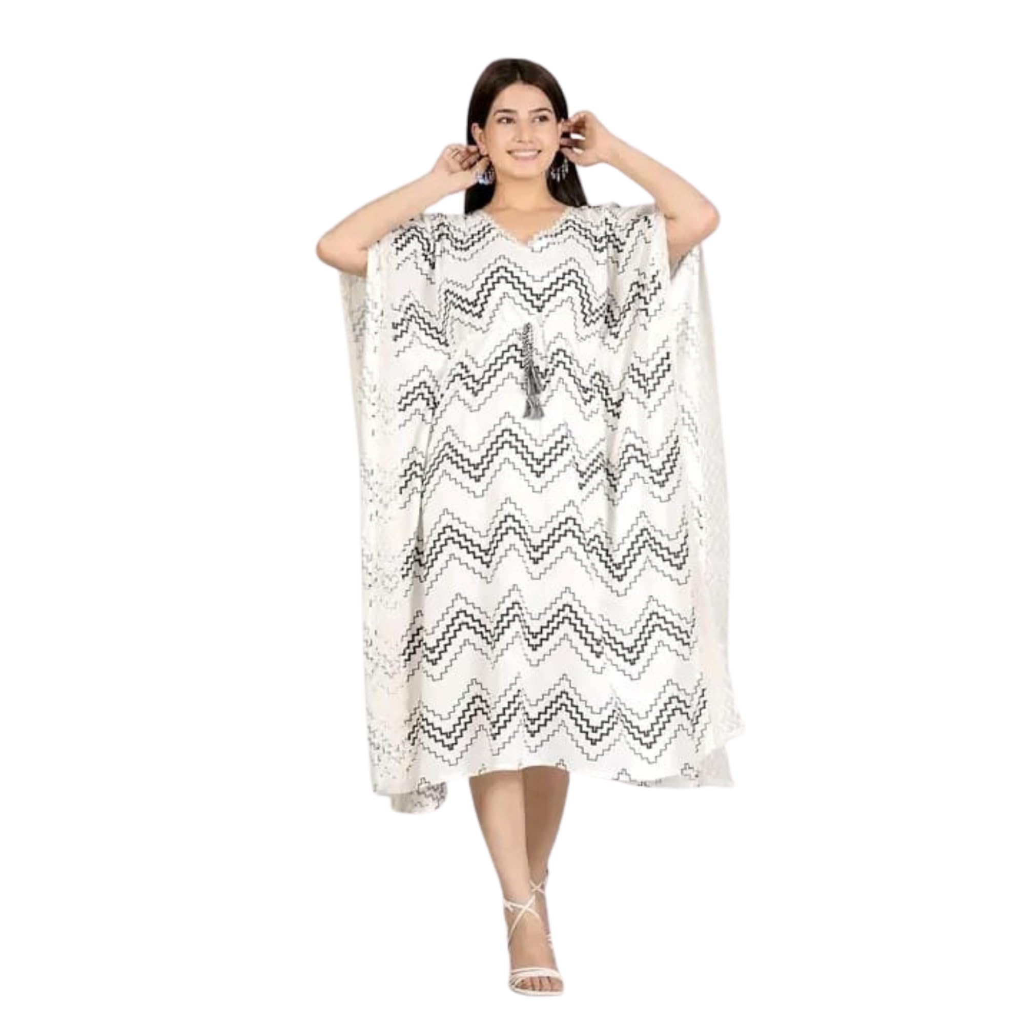 Women's Floral Printed Kaftan with Pom-Pom Trim, Rayon Slub V-Neck Three-Quarter Sleeve Knee Length Topwear