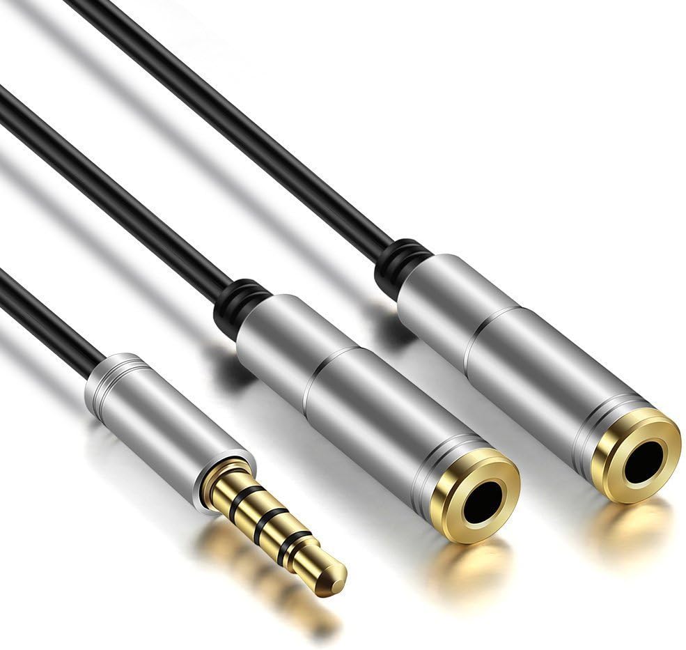 UNMCORE Gold Plated TRRS 4 Pole 3.5MM Stereo Jack Y Splitter 1 Male to 2 Female Audio Headphone Extension Cable for Speaker Laptop Computer PC All Mobile Phone - Silver