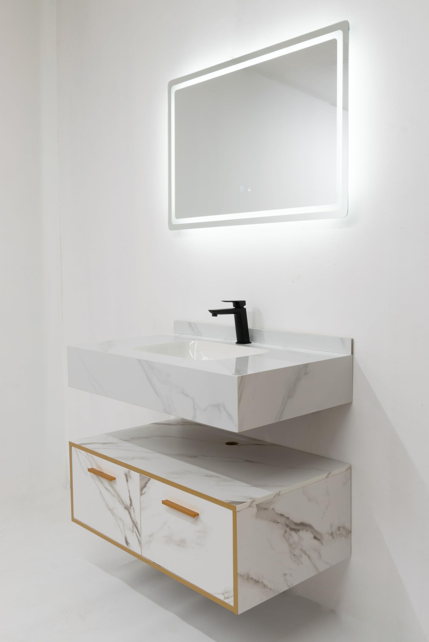 WITIT ARREDO BAGNO SET COMPLETO MOBILE BAGNO SOSPESO IN LEGNO BC011 DA 90 CM BIANCO ORO CON 2 CASSETTI LAVABO BIANCO STRIATO IN CERAMICA E SPECCHIERA LED VETRO RISCALDABILE