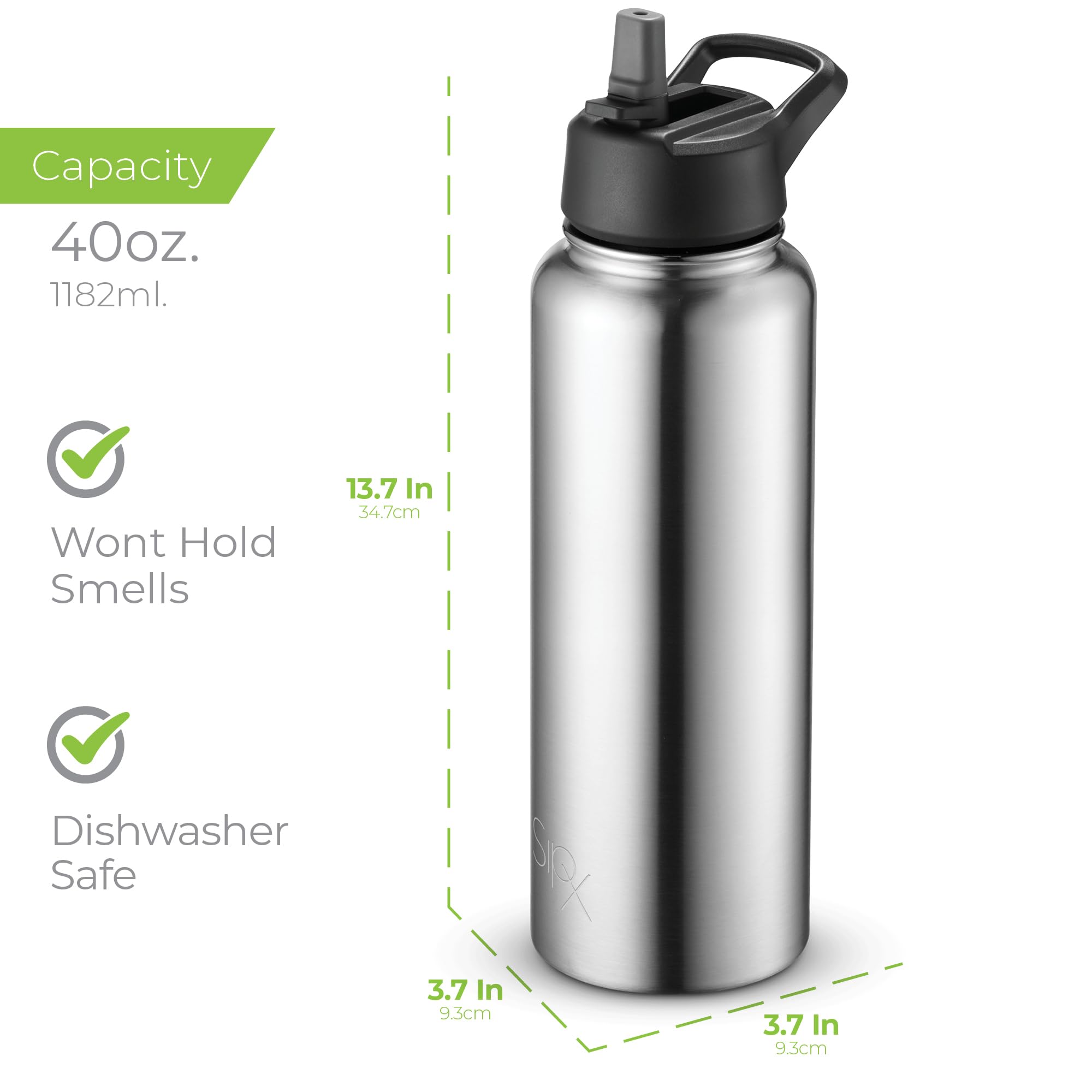 SipX™ 3-fach isolierte Edelstahl Trinkflasche 1,134.0 g mit 3 Deckeln, BPA-Frei, wiederverwendbare isolierte Wasserflasche hält 24 Stunden kalt, Metall-Wasserflasche aus nachhaltigem Material für