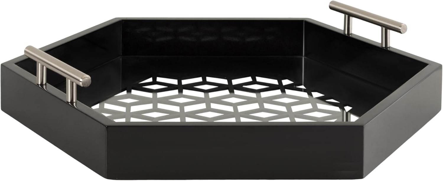 Kate and Laurel Caspen Cut Out Pattern Decorative Hexagon Tray with Silver Metal Handles; 16 x 18; Black and Silver; Modern Glam Serving Tray with Handles for Living Room Decor 18" x 15.6" x 3.2" Black