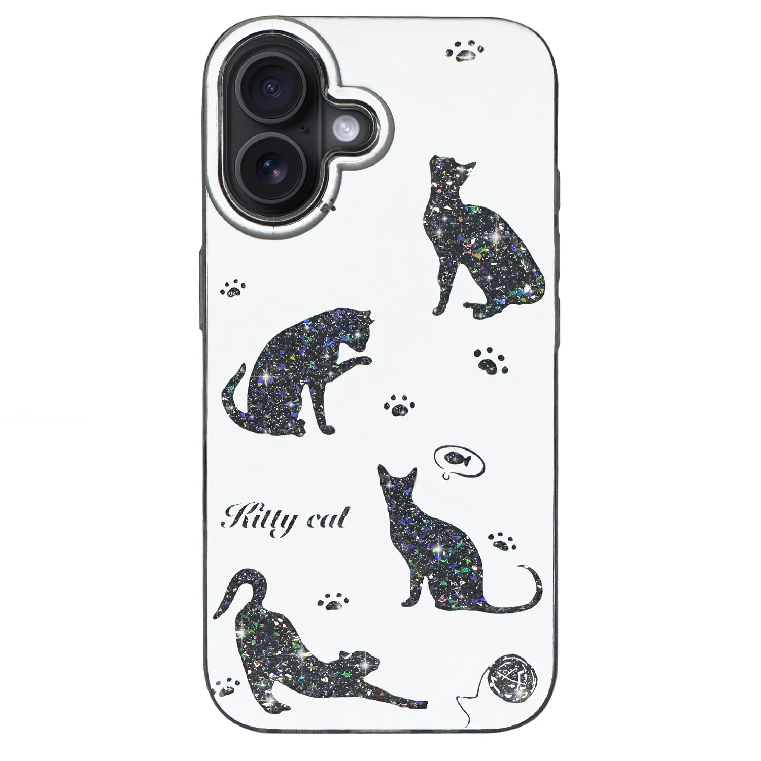 KIOMY Glitter Cute Cat Design Case for iPhone 16, White Color with Funny Kitty Pattern, Sparkly Shockproof Lovely Kitten Clear TPU Back Cover for