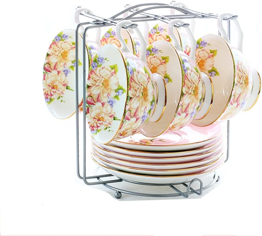 Tea Cup Set Tea Cup Set Ceramic Hand Crafted Porcelain Coffee Tea Cup Sets with 6 Saucer 6 Cups 6 Saucers 1Metal Stand for Tea Party Coffee Cup Set