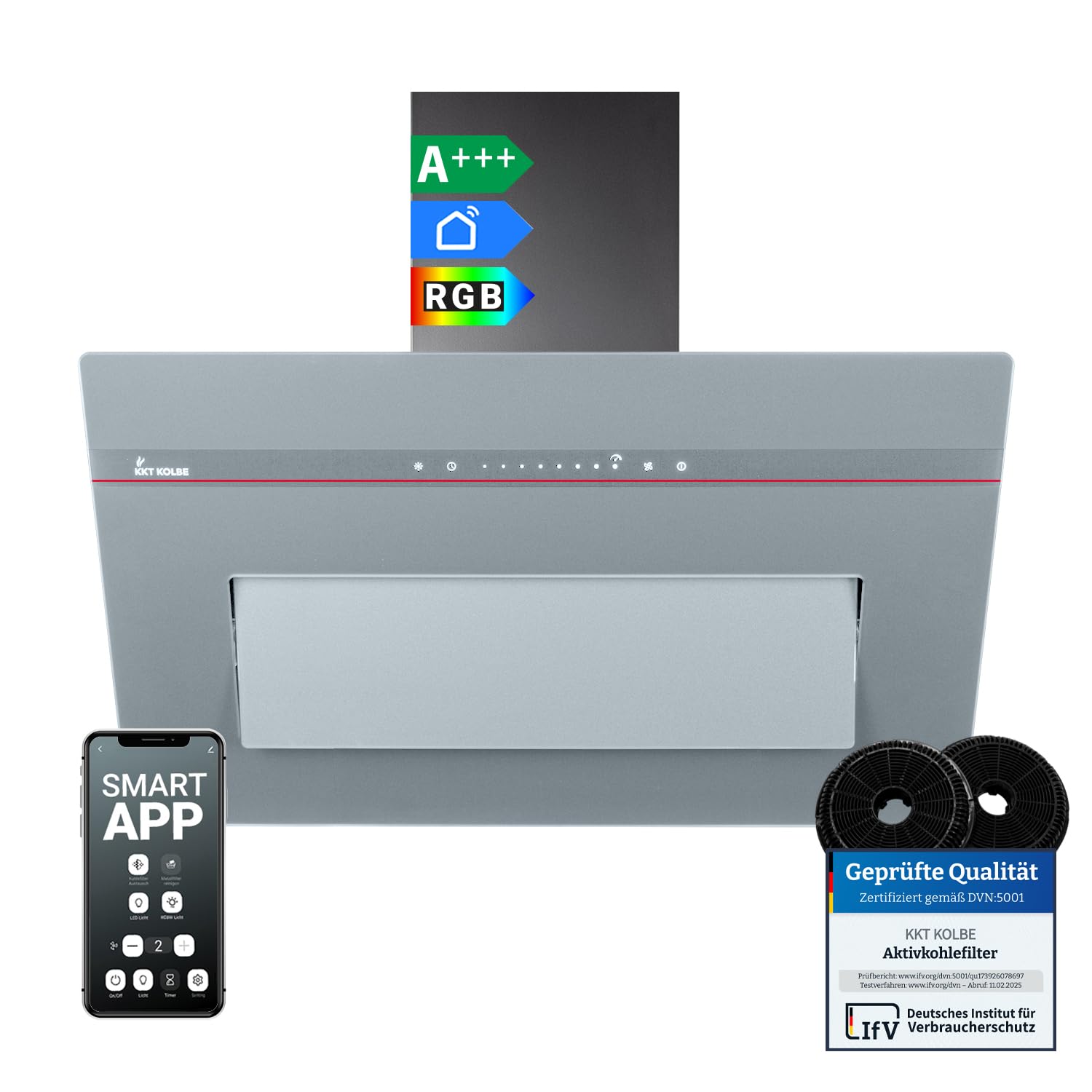 KKT KOLBE A+++ cappa aspirante 80 cm 782 cbm/h ricircolo aria di scarico senza testa | vetro grigio opaco | ricarica automatica | Smart WiFi App Wi-Fi | SensorTouch | Illuminazione LED RGBW |