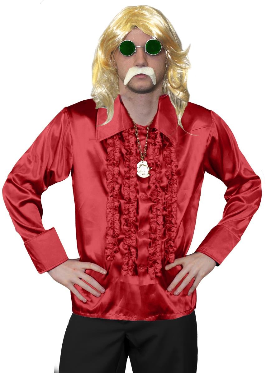 Mens 70s Disco Fancy Dress Costume, Mens Long Blonde Wig, Red Disco Shirt, Gold Medallion, Green Glasses + Blonde Moustache