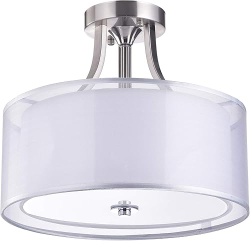 Edvivi Lámpara de techo semiempotrada de níquel cepillado de 3 luces, pantalla de tela de doble tambor, modernas lámparas de techo para sala de