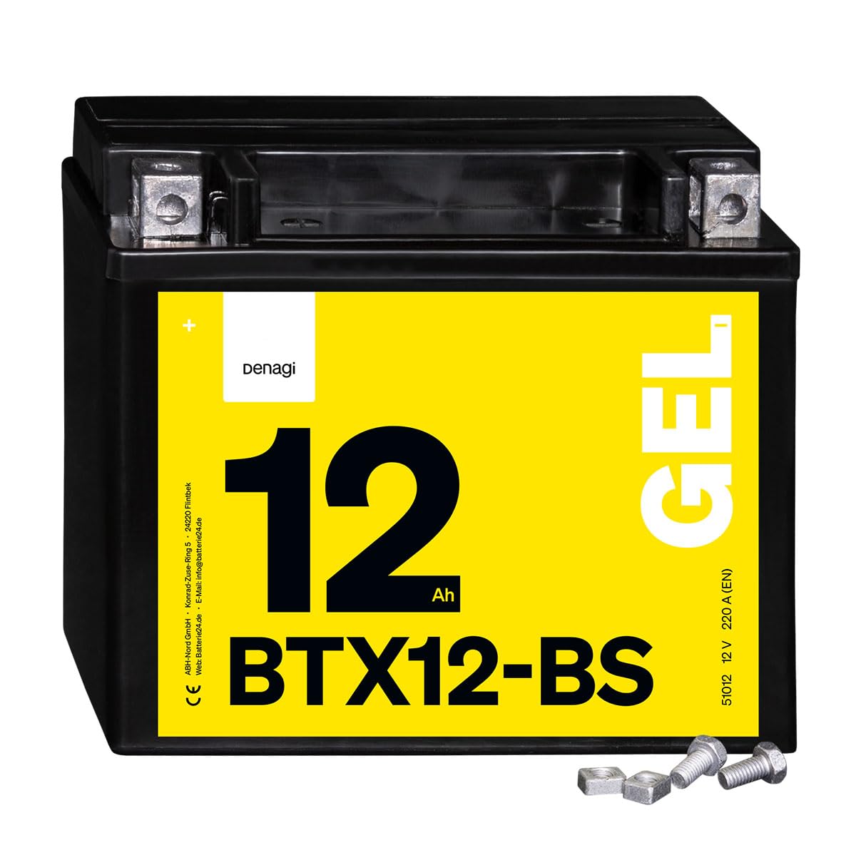 Denagi 51012 GEL BTX12-BS Motorradbatterie 12V 12Ah, Ersetzt YTX12-BS, wartungsfrei versiegelt vorgeladen