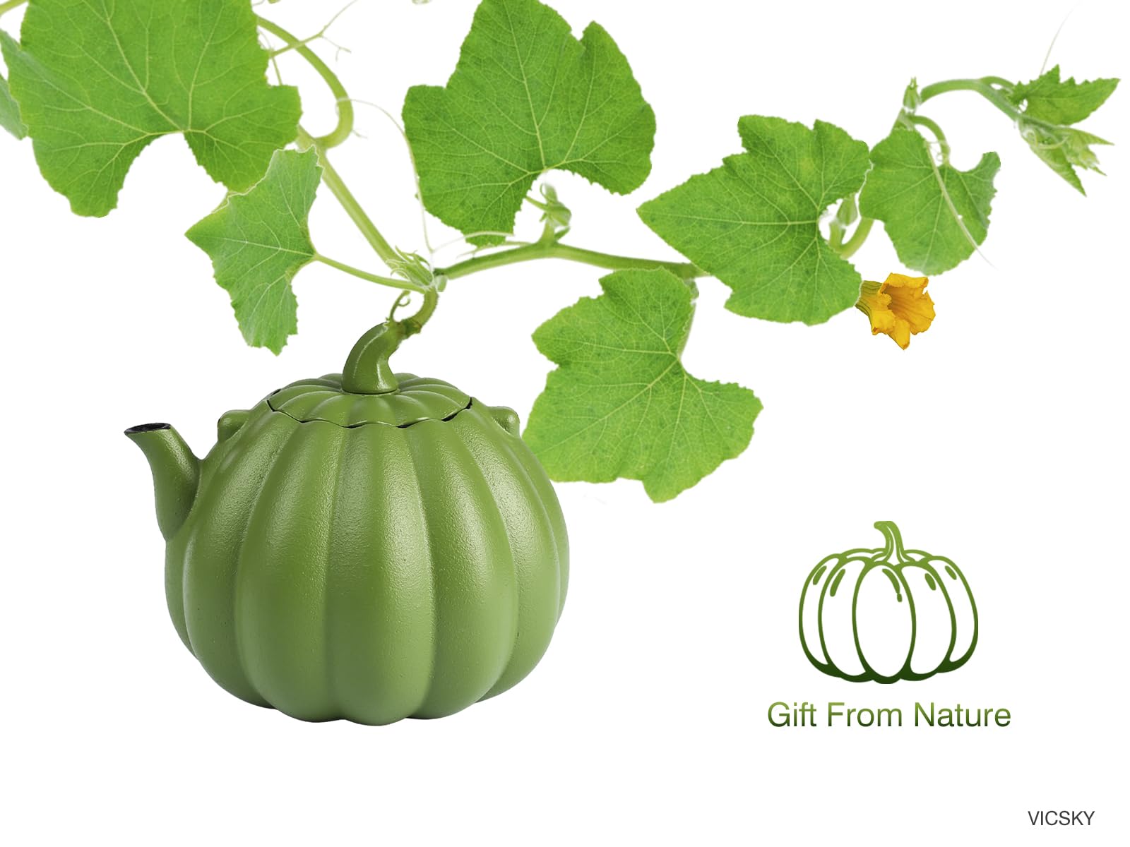 VICSKY Tetera de hierro fundido de calabaza (40 onzas/1200 ml), bonita forma de calabaza natural, tetera de hierro fundido con revestimiento esmaltado para hojas de té sueltas, apta para estufa (verde