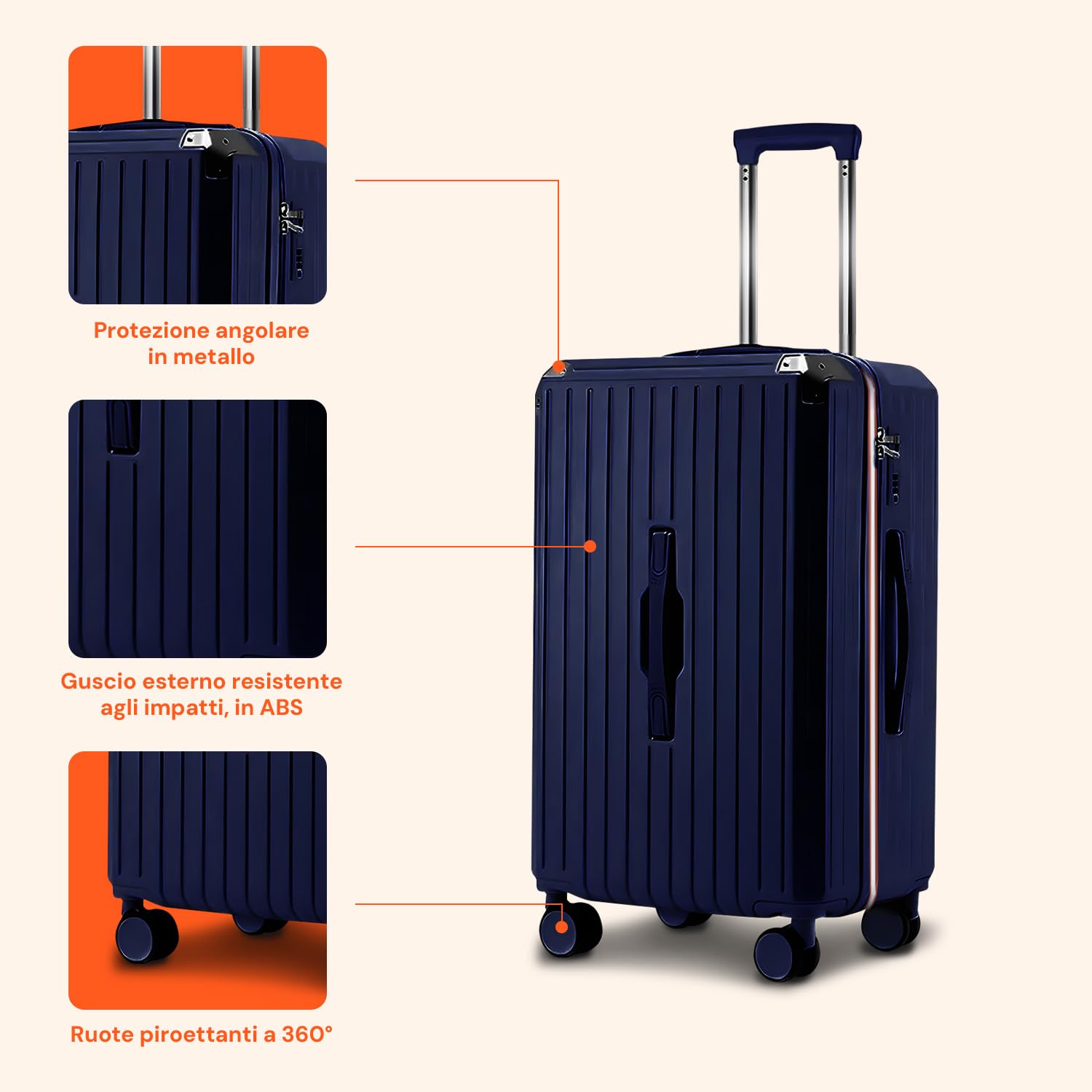 Avilia Set 3 Valigie Trolley (56/66/76 cm) in ABS - Trolley con 4 Doppie Ruote a 360°, Sacca a Rete Interna, Elastico Ferma Indumenti, Cerniera Sicura - Valigie Leggere, Resistenti e Blu