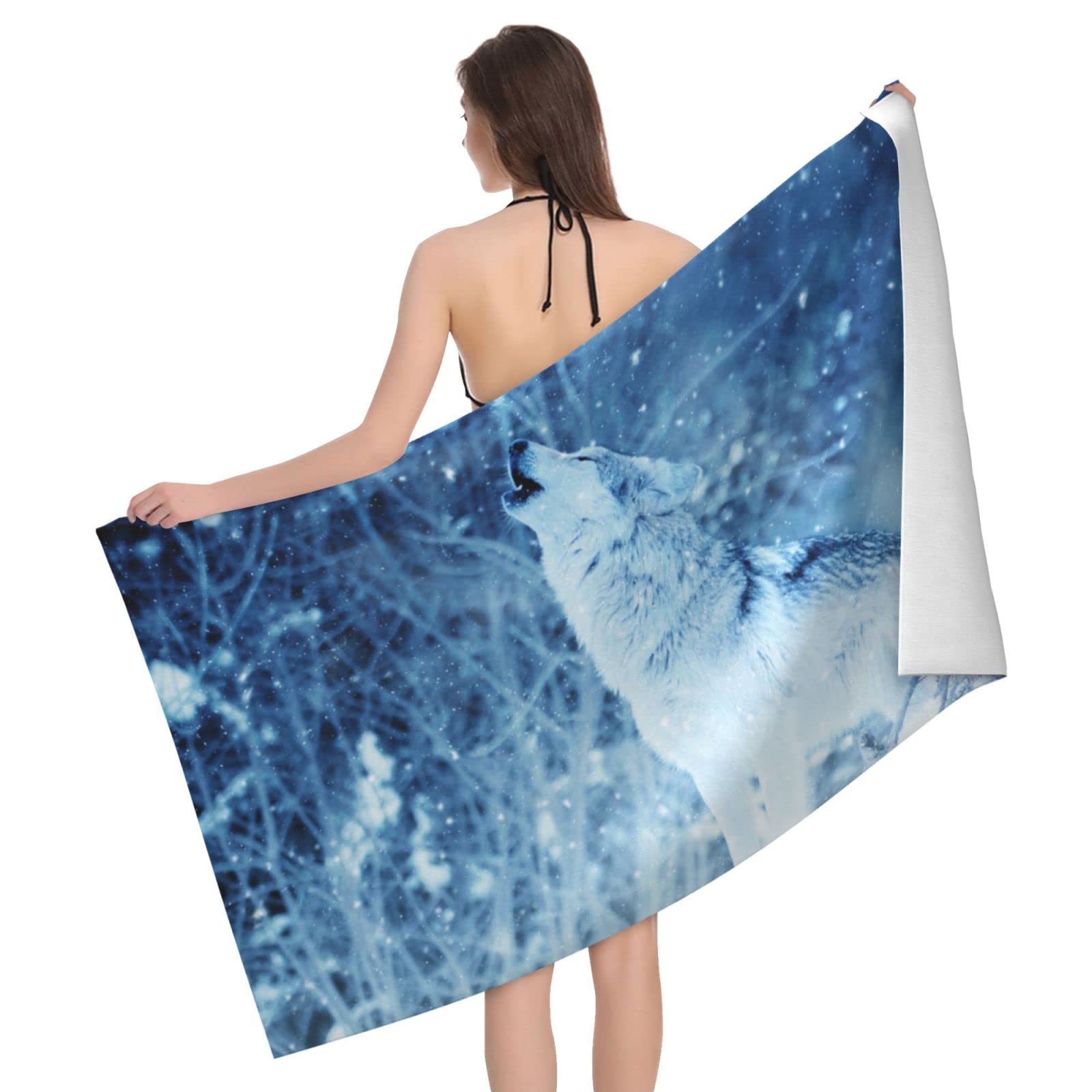 Lawenp Snow and Wolf Beach Towel, Lightweight Sand Free Quick Dry Microfiber Absorbent Bath Towel for Kids, Adults, Swimming, Bath, Yoga, Pool, Travel, Camping 32"X52"