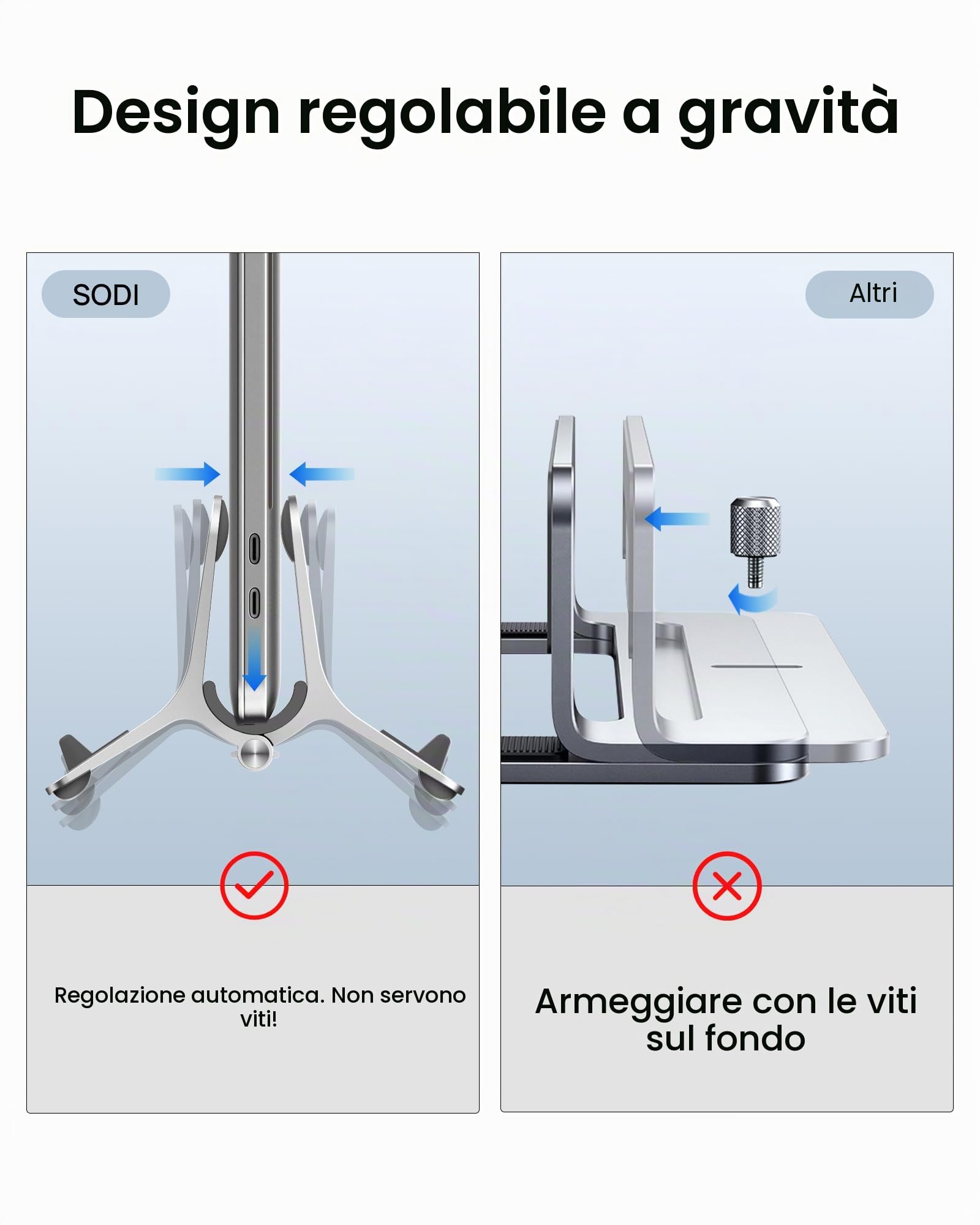 SODI Supporto per laptop verticale in alluminio, per MacBook Air, MacBook Pro, iPad, iPhone, con bloccaggio a gravità, regolazione automatica, design minimalista e ergonomico