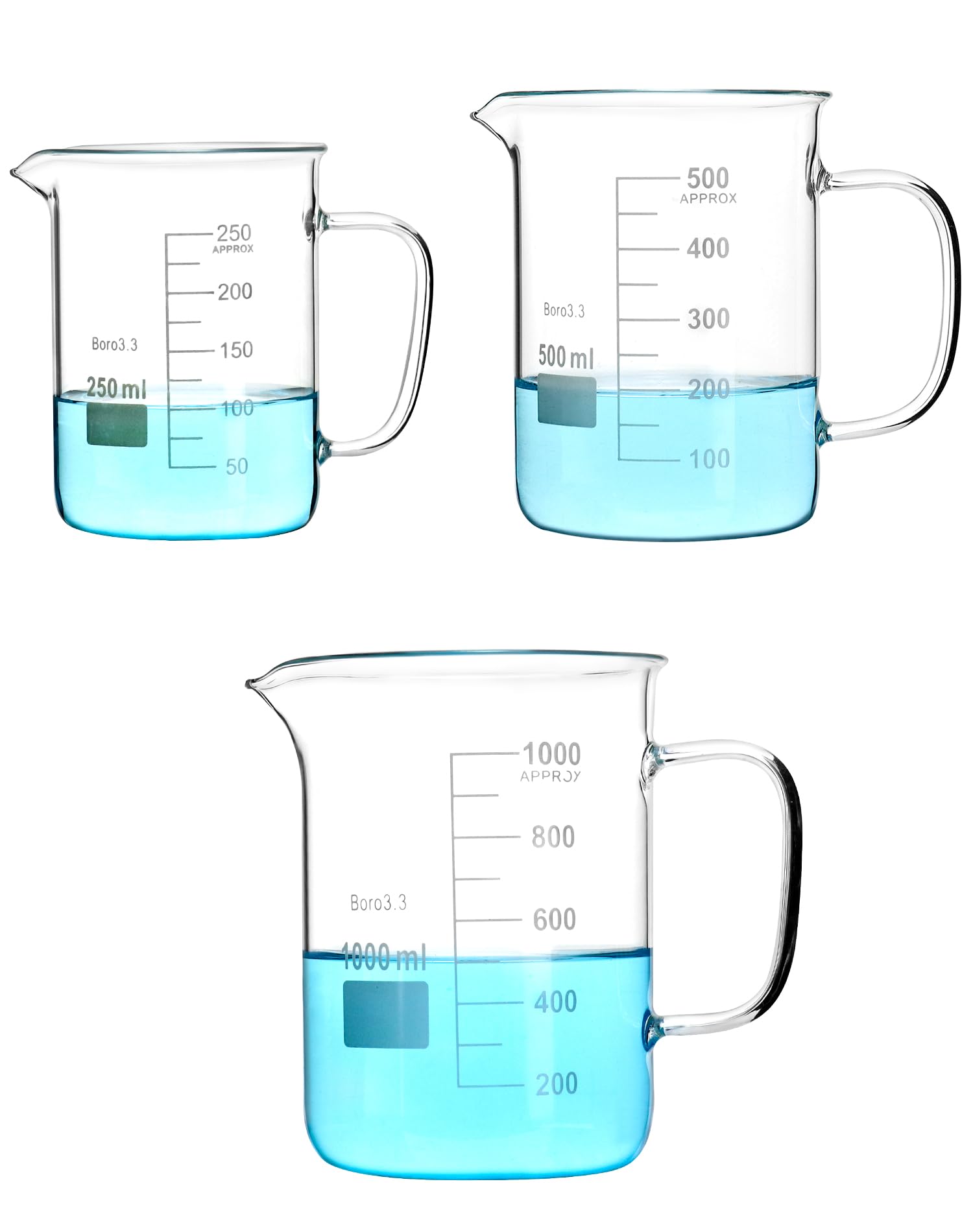 QWORK Kit de taza medidora de vidrio de borosilicato, 3 piezas (500 ml + 1000 ml + 250 ml) taza de vaso con asa, boquilla en forma de V, vaso de medición