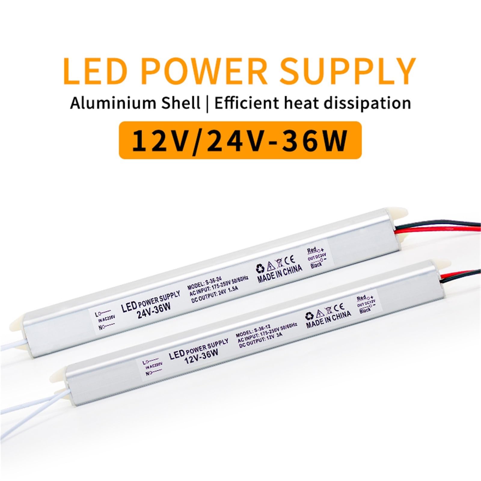 Sterownik LED Zasilacz wyjściowy DC12V 24V 36W Wejście AC175V-250V Aluminiowy transformator oświetleniowy (12V-36W-1 sztuka)