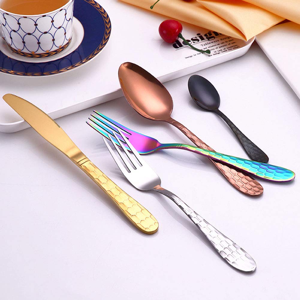 Besteck-Sets Edelstahl-Bienenstock-Muster 16-teiliges Set Gabeln Löffel Titanbeschichtung Besteck-Set Geschirr Geschirr, Regenbogen (Rosegold)